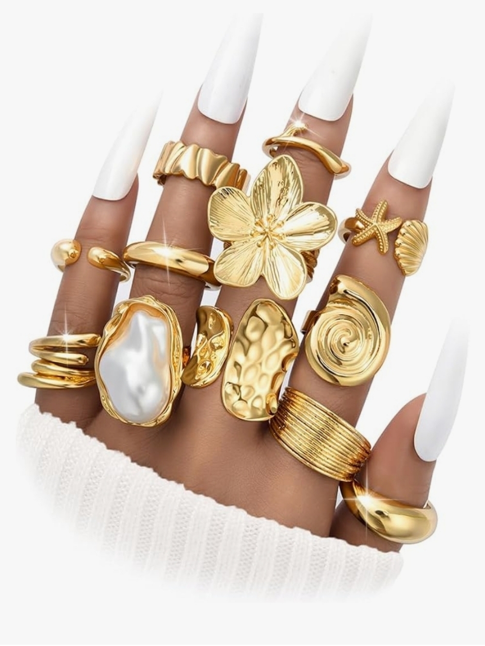 12 Pcs Gold Floral & Pearl Statement Ring Set - Women's Fashion Jewelry
